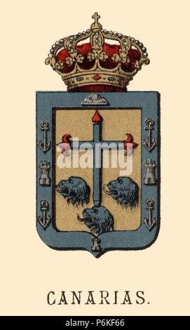 España. Heráldica. L'escudo de armas de la provincia de Canarias. Grabado de 1878. Foto Stock