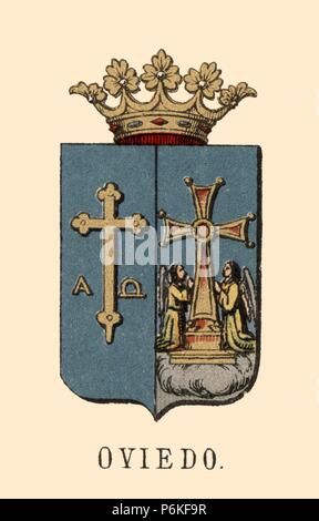 España. Heráldica. L'escudo de armas de la provincia de Oviedo. Grabado de 1878. Foto Stock