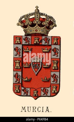 España. Heráldica. L'escudo de armas de la provincia de Murcia. Grabado de 1878. Foto Stock