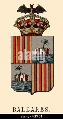 España. Heráldica. L'escudo de armas de la provincia de Baleares. Grabado de 1878. Foto Stock