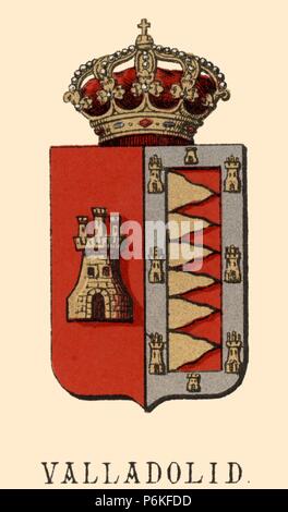 España. Heráldica. L'escudo de armas de la provincia di Valladolid. Grabado de 1878. Foto Stock