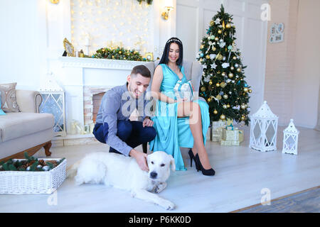 Giovane donna indossa vestito blu e uomo seduto vicino al camino e Christas tree, cane sdraiato sul pavimento. Foto Stock