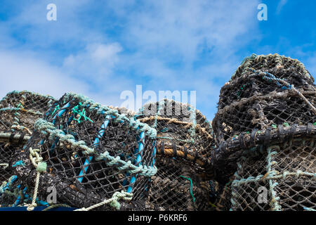 ST IVES, Inghilterra - 18 giugno: pesca Lobter bicchieri impilati in St Ives Harbour. In St Ives, Cornwall, Inghilterra. Il 18 giugno 2018. Foto Stock