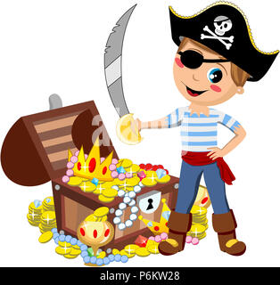 Cartoon pirate capretto con occhio di patch e di spada davanti a scrigno isolato Foto Stock