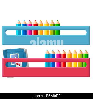 Ripiano per matite multicolori isolati su sfondo bianco. Vector cartoon close-up illustrazione. Illustrazione Vettoriale