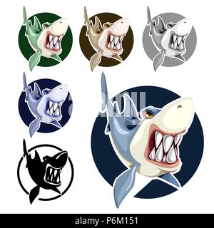 Mad shark bares i suoi denti isolati su sfondo bianco. Vector cartoon close-up illustrazione. Illustrazione Vettoriale