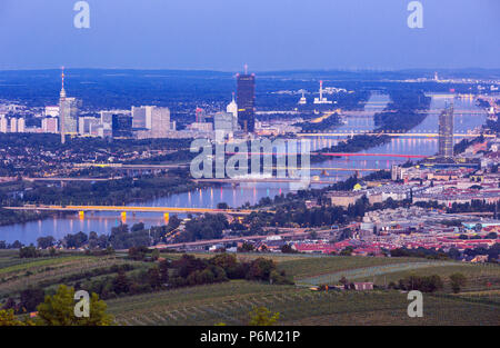 Incredibile vista sulla città di Vienna e il fiume Donau con ponti dopo il tramonto, Vienna, Austria Foto Stock