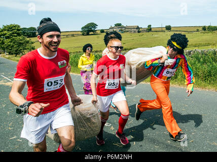 I concorrenti prende parte sulla paglia Oxenhope gara nello Yorkshire, a 2,5 miglia gara in costume , portando un 20kg balle di paglia, mentre l'arresto per pinte di birra lungo il percorso. Foto Stock