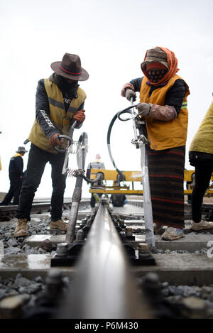 Golmud, la Cina della Provincia di Qinghai. Il 30 giugno, 2018. Lavoratori rafforzare le vie vicino la stazione di Tanggula della ferrovia Qinghai-Tibet, a nord-ovest della Cina di Provincia di Qinghai, 30 giugno 2018. Lavoratori di manutenzione stick per i loro posti ogni giorno per garantire il funzionamento della ferrovia Qinghai-Tibet presso la stazione di Tanggula con un altitudine di 5,072 metri sopra il livello del mare. Il 1,956 chilometri di ferrovia, che ha iniziato il servizio nel luglio 2006, è la più alta del mondo altopiano di collegamento ferroviario Xining in Qinghai e Lhasa nella regione autonoma del Tibet. Credito: Zhang Hongxiang/Xinhua/Alamy Live News Foto Stock