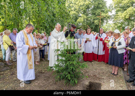 Warrington, Regno Unito. 01 Luglio 2018 - La finale del servizio domenicale è stata presa al di fuori della chiesa dove un albero di Yew era piantato da Cllr Karen Mundry, il Sindaco di Warrington, e David Thomas Briggs, MBE, KstJ, Lord Luogotenente del Cheshire mentre il servizio e le preghiere sono state detenute dal reverendo Michael Ridley, Vicario di San Tommaso e Rt reverendo dottor Peter FORSTER, Vescovo di Chester Credito: John Hopkins/Alamy Live News Foto Stock