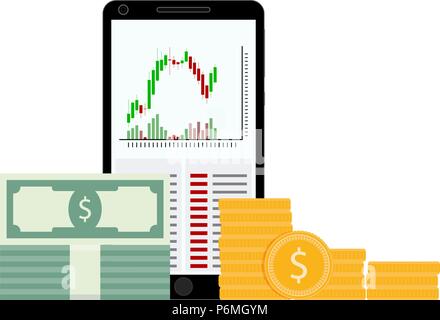 Negoziazioni di borsa sullo smartphone. Stock finanziari del mercato grafico il grafico del commercio. Illustrazione Vettoriale Illustrazione Vettoriale