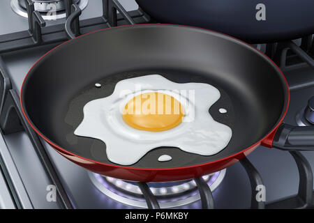 Frypan con uovo fritto sul fornello a gas, rendering 3D Foto Stock