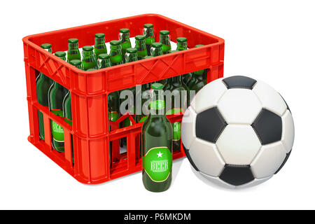 Pallone da calcio e cassa con birre. 3D rendering isolati su sfondo bianco Foto Stock