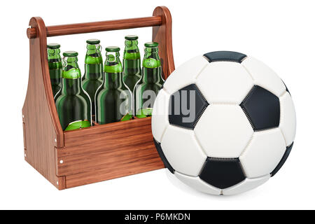 Pallone da calcio con vetro bottiglie di birra in imballaggi di legno. Il rendering 3D Foto Stock