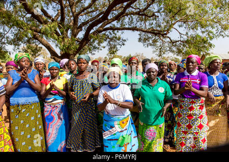I membri di una donna cooperativa di microfinanza accogliente un visitatore nel nord del Togo. Foto Stock