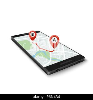GPS mobile il concetto di sistema. Mobile app GPS interfaccia. Mappa su schermo del telefono con i marcatori del percorso. Illustrazione di vettore isolato su sfondo bianco Illustrazione Vettoriale