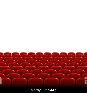 Righe di rosso il cinema o teatro posti nella parte anteriore del bianco schermo vuoto. Ampia vuoto cinema teatro auditorium con sedili rosso. Illustrazione Vettoriale Illustrazione Vettoriale