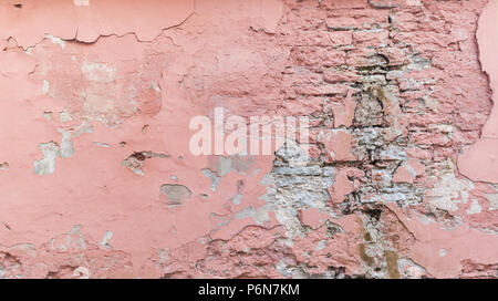 Telaio completo sullo sfondo di un weathered, danneggiato e muro intonacato dipinta in rosa. Il gesso è parzialmente distaccata rivelando vecchi mattoni. Foto Stock