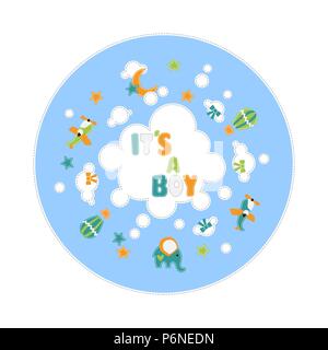 Il suo un ragazzo bambino decorazione di testo intorno al cloud con stelle aerei di palloncino di elefante Illustrazione Vettoriale