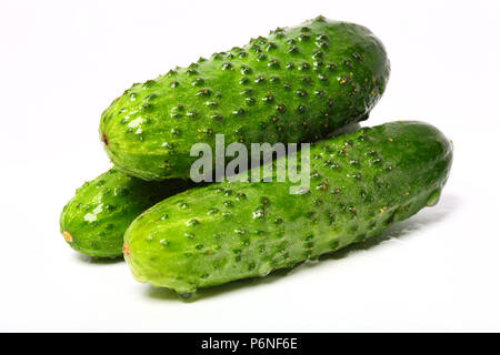 Tre organico fresco cetrioli su sfondo bianco Foto Stock