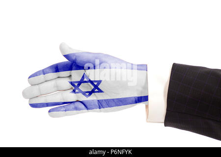 Il gesto di handshake imprenditore mano con bandiera di Israele isolato su sfondo bianco Foto Stock