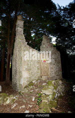 I resti di un cottage in pietra con terreno cancellata attorno ad esso nel bosco in prossimità di Hawes lago d acqua in Silverdale con cartelli di avvertimento di non entrare. Hawes Wa Foto Stock