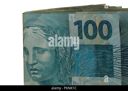 100 Denaro Reale Note dal Brasile. Brasiliano di denaro. Immagine di note di Real, la moneta ufficiale del Brasile dal 1994. Note di 100 Reais. Foto Stock