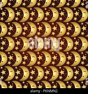 Oro la luna e le stelle in buon umore seamless pattern. Dolce e vintage stile di pattern per la cute o il design moderno Illustrazione Vettoriale