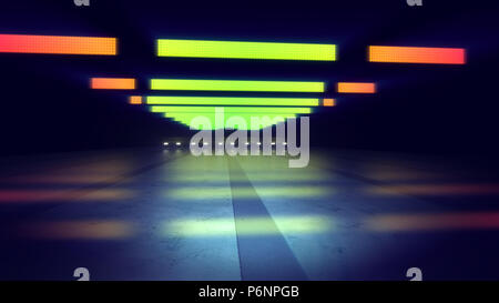 Un eccitante 3d illustrazione di arancione e giallo lampade al neon di una metropolitana in blu e grigio. Le strisce orizzontali e macchie Foto Stock