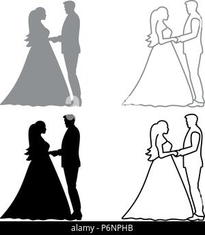 Sposa e lo sposo holding hands Imposta icona grigio nero i colori stile piatto semplice immagine Illustrazione Vettoriale