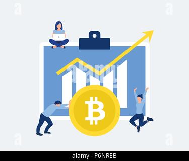 Bitcoin concetto di crescita. Entrate Bitcoin illustrazione. Gli analisti mostra un report con indicatore eccellente. Bitcoin moneta. Il successo del business. Elegante appartamento st Illustrazione Vettoriale