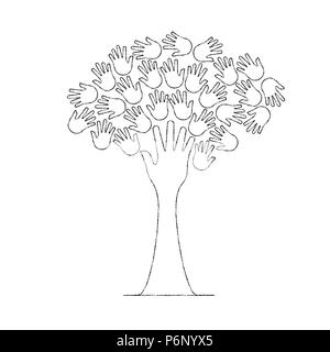 Albero realizzato in stile contorno mani umane. Aiuto comunitario di un concetto o di un progetto sociale. EPS10 vettore. Illustrazione Vettoriale