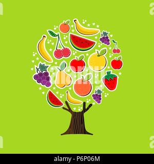 Estate albero da frutto in fatto di cibo tropicale, divertimento estate Concetto di vacanza. Include il cocomero, mela, arancio e banana. EPS10 vettore. Illustrazione Vettoriale