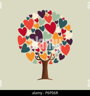 Albero dell'amore arte con forma di cuore foglie. Concetto illustrazione per il giorno di San Valentino o per un romantico biglietto di auguri. EPS10 vettore. Illustrazione Vettoriale