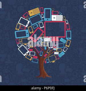 Albero realizzato in tecnologia icona dispositivo impostato. Concetto include illustrazione dello schermo del computer, telefono mobile e tablet. EPS10 vettore. Illustrazione Vettoriale