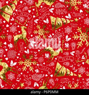 Perfetta illustrazione di pattern per la progettazione di Natale. Oro ornamento vacanze icone, bassa poli e disegnati a mano di simboli su sfondo rosso. EPS10 vettore. Illustrazione Vettoriale