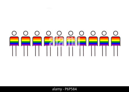 Illustrazione concettuale. Molti uomini sono verniciati nei colori della bandiera LGBT insieme. Il concetto di diritti umani e libertà fondamentali Foto Stock