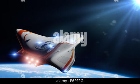 Navicella spaziale in orbita del pianeta Terra, shuttle in orbita attorno al pianeta blu (3d science fiction rendering). Foto Stock