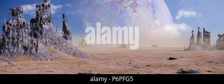 Pianeta alieno paesaggio con strane formazioni rocciose (3d illustrazione banner) Foto Stock