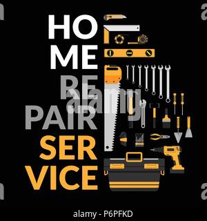 Home servizio di riparazione modello con set di DIY home riparare gli attrezzi di lavoro. home servizio di riparazione consulting, ristrutturazione & Construction Company per marketin Illustrazione Vettoriale