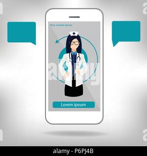 Medico la mano che regge uno stetoscopio attraverso la schermata Telefono controllo impulso. Tele, online medicina remota concetto piatta illustrazione. Illustrazione Vettoriale