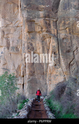 Escursionista discendente nel Grand Canyon dal south rim in Bright Angel trail, Arizona, Stati Uniti. Foto Stock