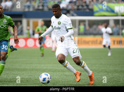 Seattle, Washington, Stati Uniti d'America. Il 30 giugno, 2018. DAIRON ASPRILLA (27) in azione come il Portland legnami riprodurre le sirene di Seattle in una conferenza occidentale corrispondono al secolo campo Collegamento a Seattle, WA. Credito: Jeff Halstead/ZUMA filo/Alamy Live News Foto Stock