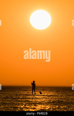 Aberystwyth, UK. 02Luglio, 2018. Regno Unito Regno Unito Meteo: un glorioso tramonto sagome paddleboarders in Aberystwyth alla fine di ancora un altro faceva un caldo tremendo e il giorno senza nuvole, come la prolungata ondata di caldo continua a dominare il tempo al di sopra del Regno Unito. Photo credit: keith morris/Alamy Live News Foto Stock