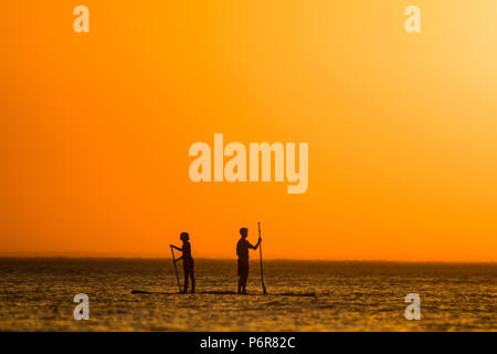 Aberystwyth, UK. 02Luglio, 2018. Regno Unito Regno Unito Meteo: un glorioso tramonto sagome paddleboarders in Aberystwyth alla fine di ancora un altro faceva un caldo tremendo e il giorno senza nuvole, come la prolungata ondata di caldo continua a dominare il tempo al di sopra del Regno Unito. Photo credit: keith morris/Alamy Live News Foto Stock