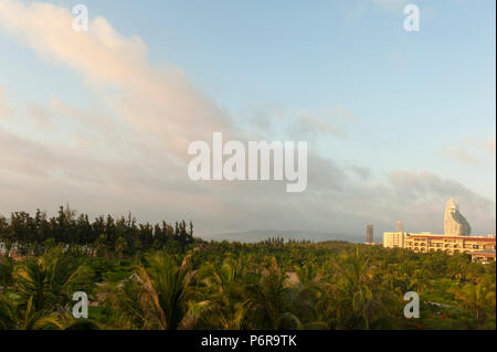 Vista dalla Shangri-La Hotel a Haitang Bay attraverso una foresta di palme verso il Mangrove Tree hotel. Foto Stock
