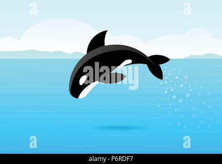 Killer Whale saltando su mare, piatto vector art design Illustrazione Vettoriale