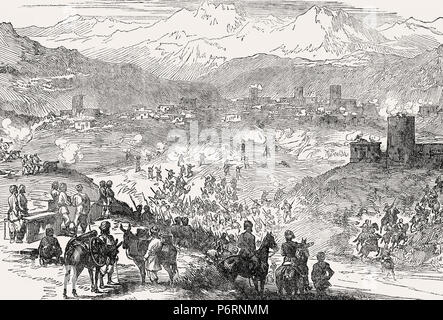 Attacco a una città, scena dalla guerra Anglo-Zulu, 1879, dal British battaglie di terra e di mare, da James Grant Foto Stock