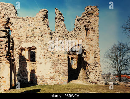 Rovine di Dobele castello medievale costruito nel 1335 dall'ordine di Livonian sull'abbandonato semigallian hillfort. Città di Dobele è situato nel centro storico Foto Stock