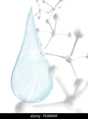 Blue Water drop con molecole all'interno. Il rendering 3d. Foto Stock